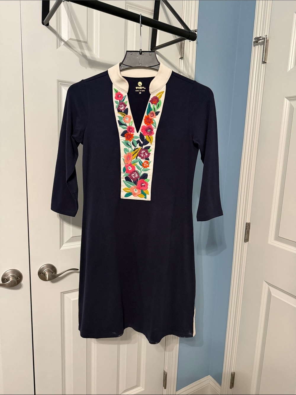 Spartina 449 Navy Dress with Cream Floral Embroidered Placket